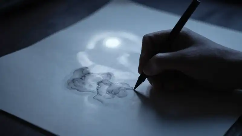 Silhouetted hands write on parchment in a quiet sanctuary