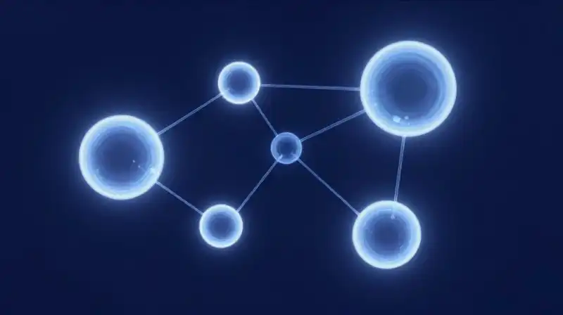 Six glowing spheres float amidst threads in a dark void