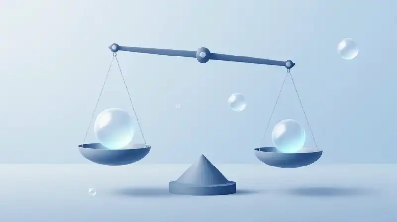 Glowing geometric shapes and translucent spheres balance on scales