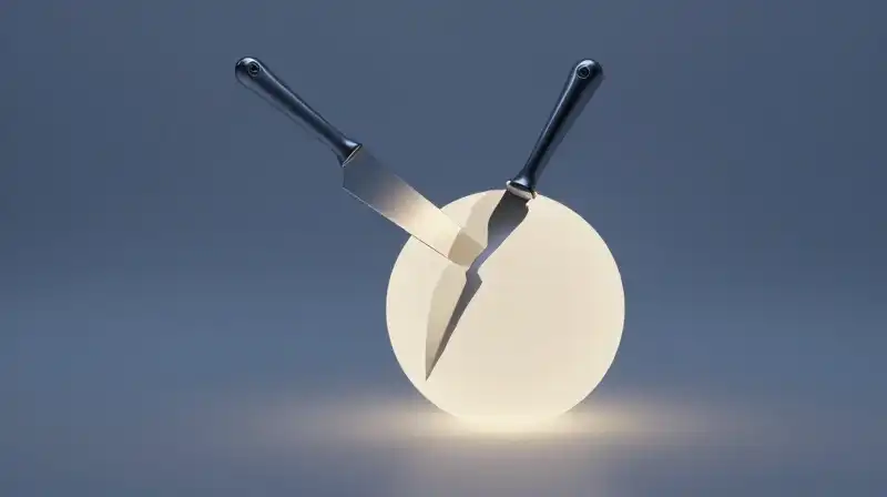 A sharp blade splits a glowing sphere in blue light