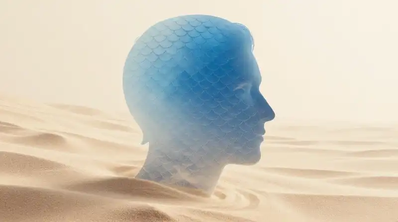 A sand-formed human silhouette covered in translucent blue scales