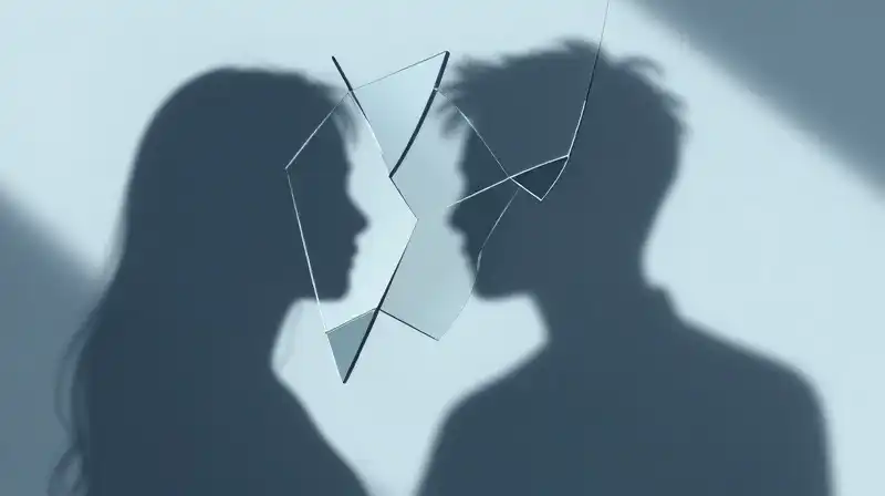 A large shadow looms over a smaller one amidst fractured mirrors