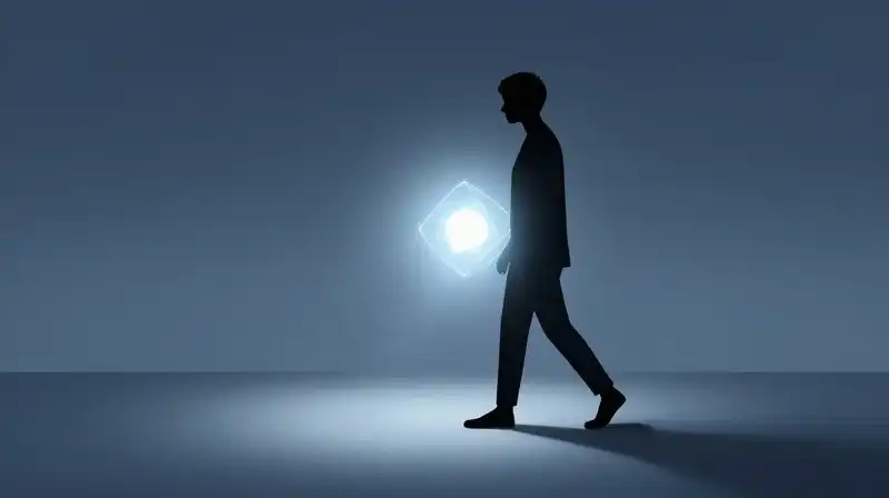 A silhouette steps into light as a glowing core reforms