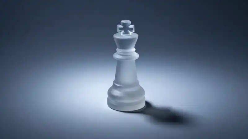 A translucent, geometric chess piece floats in a cold blue void