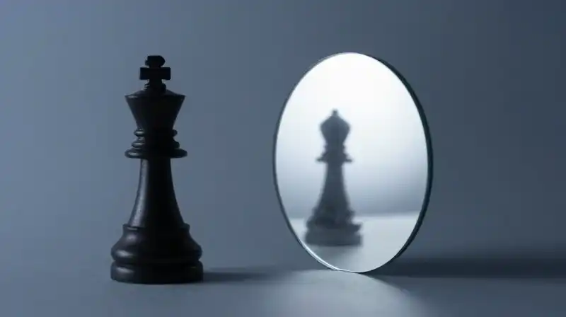 A shadowy chess piece moves toward a glowing mirror