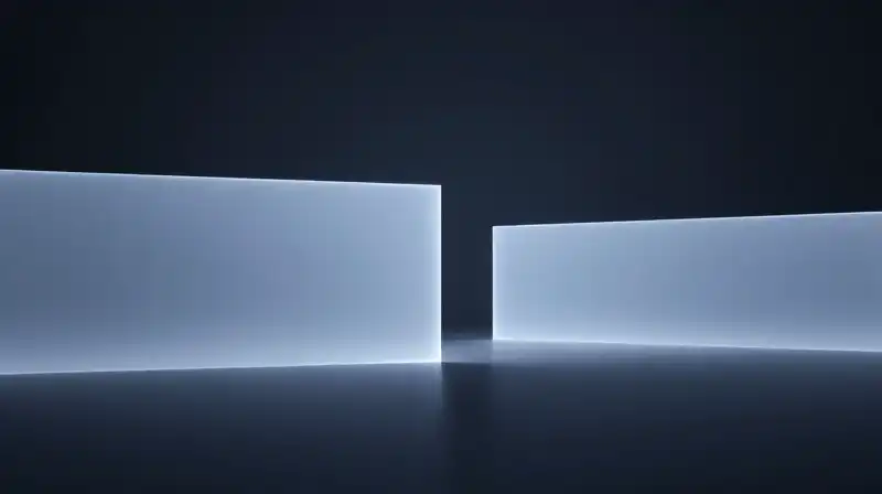 A glowing light barrier separates two geometric shapes in darkness