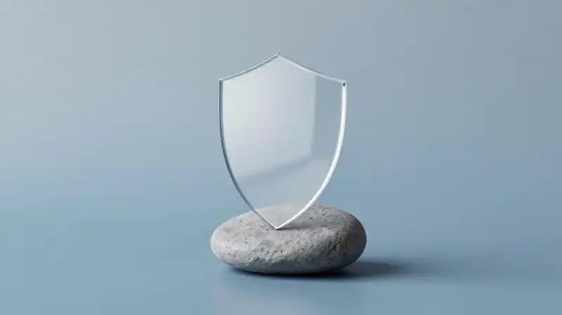 A single grey stone rests under a clear, protective shield