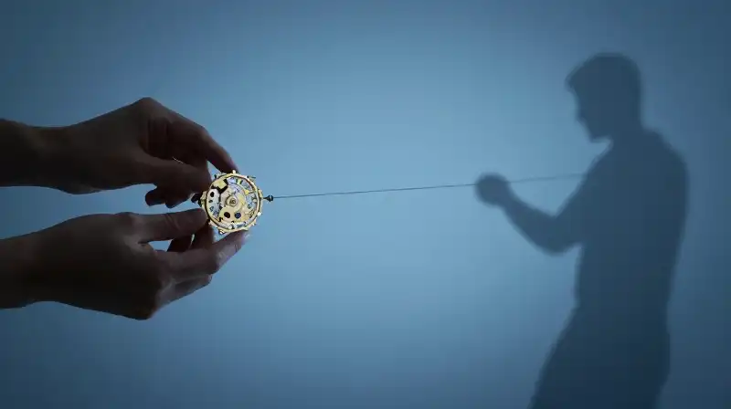 Hands fix a clockwork mechanism while a shadow pulls threads