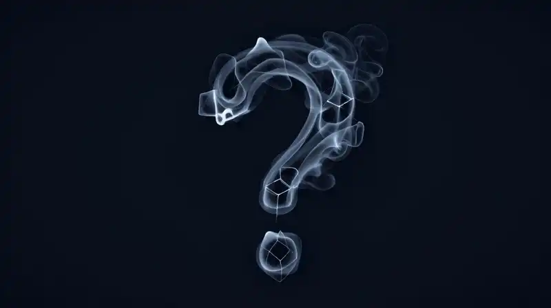 A smoky question mark floats amidst geometric fragments in darkness