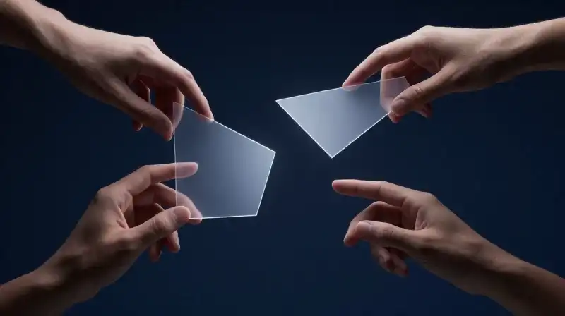 Hands adjust floating, translucent geometric shapes in a dark void