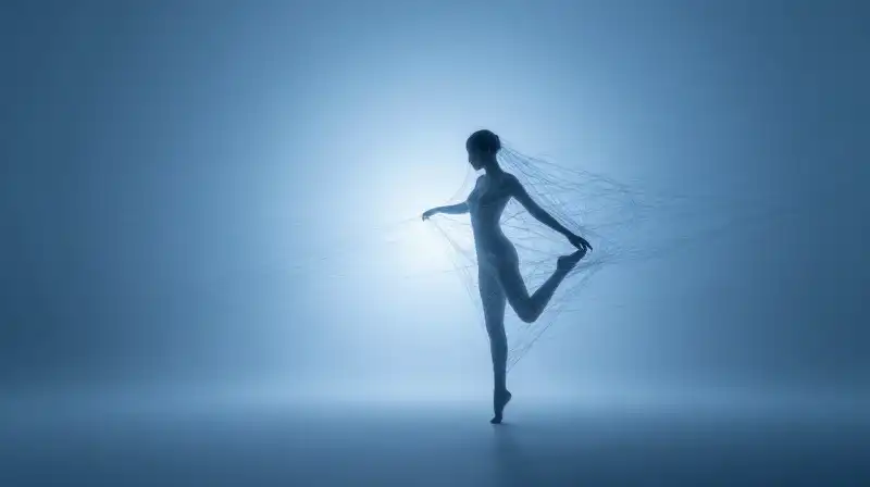 A silhouette breaks free from tangled threads in blue space