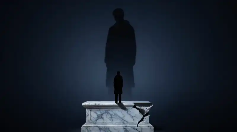 A giant shadow looms over a small figure amidst haze