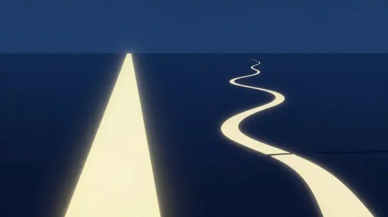 A straight luminous path meets a winding fragmented one