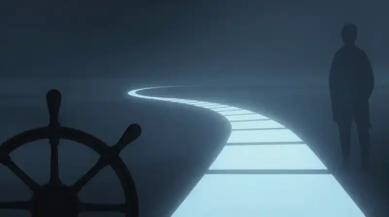 A glowing geometric path splits into a misty void