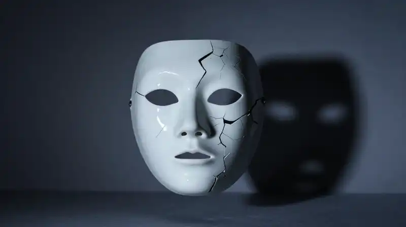 A cracked porcelain mask floats before a dark silhouette