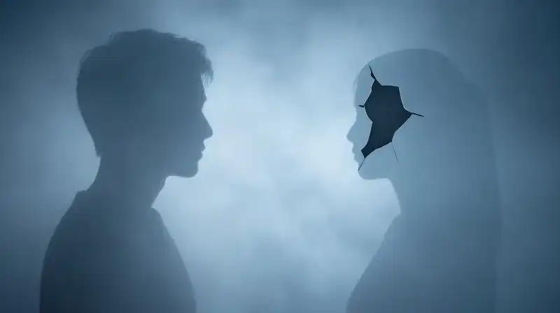 Two translucent blue silhouettes drift amidst ethereal, glowing mist