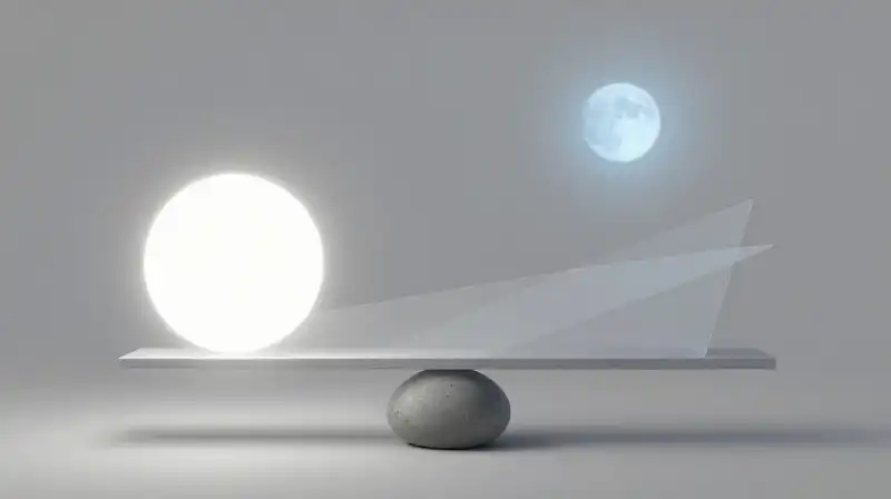 A scale balances a glowing orb against a dull stone