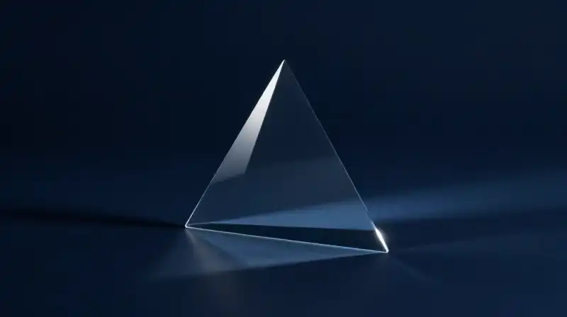 Fragmented geometric shapes float within a dark blue void