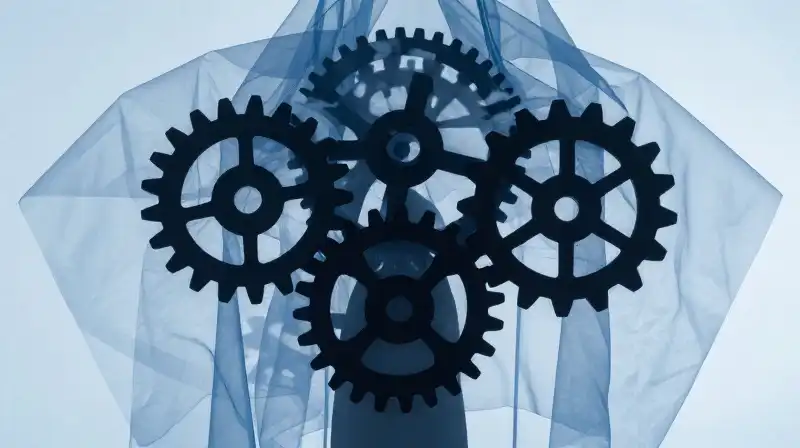 A silhouette of a social architect amidst interlocking geometric gears