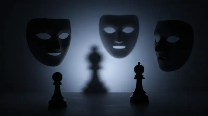 Fragmented chess pieces and masks float in a dark void