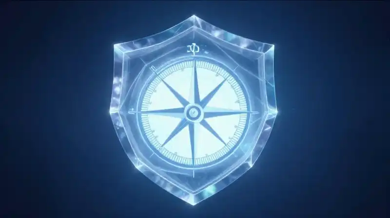 A glowing compass silhouette rests within crystalline geometric shield layers