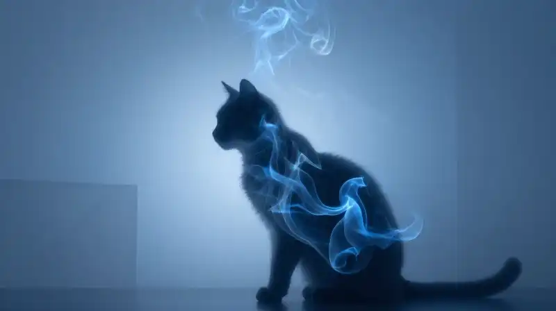A blue smoke cat silhouette drifts before a human shadow
