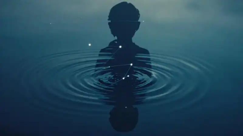 A fragmented blue silhouette reflects in rippling, misty water