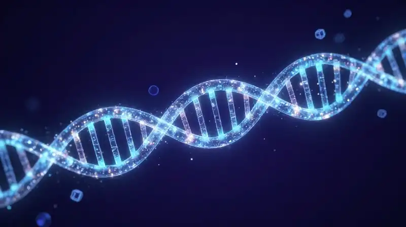 A glowing DNA helix floats amidst digital code structures