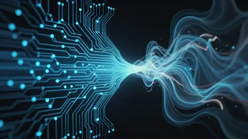Glowing blue circuitry meets flowing ethereal light in darkness