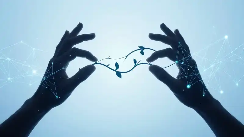 Silhouetted hands merge swirling vines with glowing digital lines