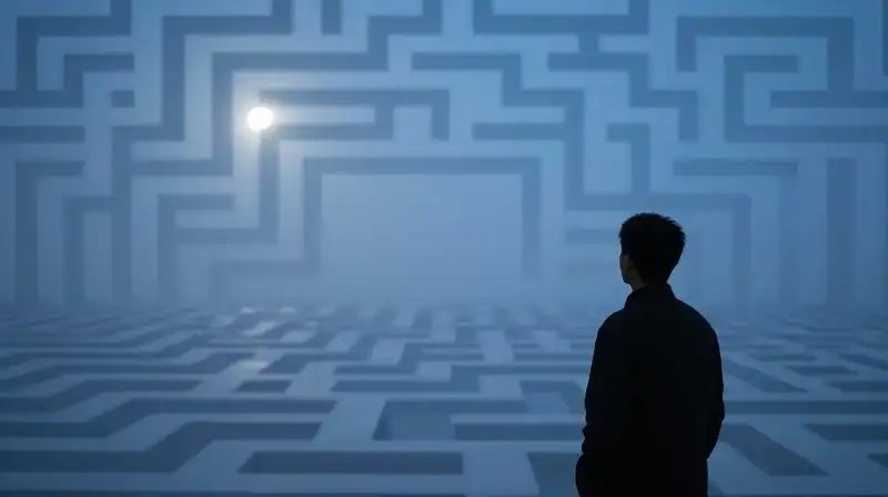 A lone silhouette observes a complex, geometric blue labyrinth