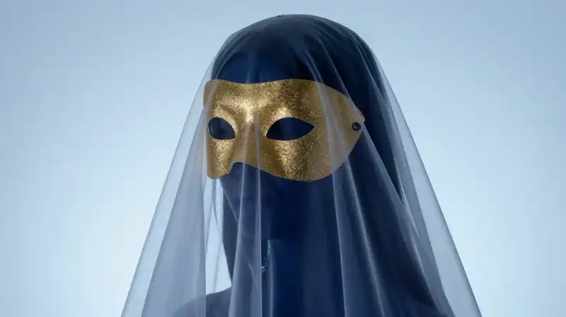 A shimmering golden mask emerges from a translucent blue veil