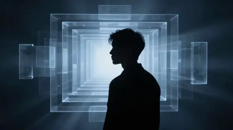 A silhouette wanders through a labyrinth of translucent geometric shapes
