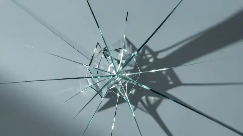 Fractured geometric shapes reflect in shards of shattered blue glass