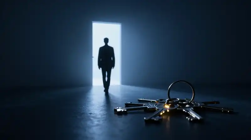 A silhouette walks toward a glowing doorway amidst misty blue