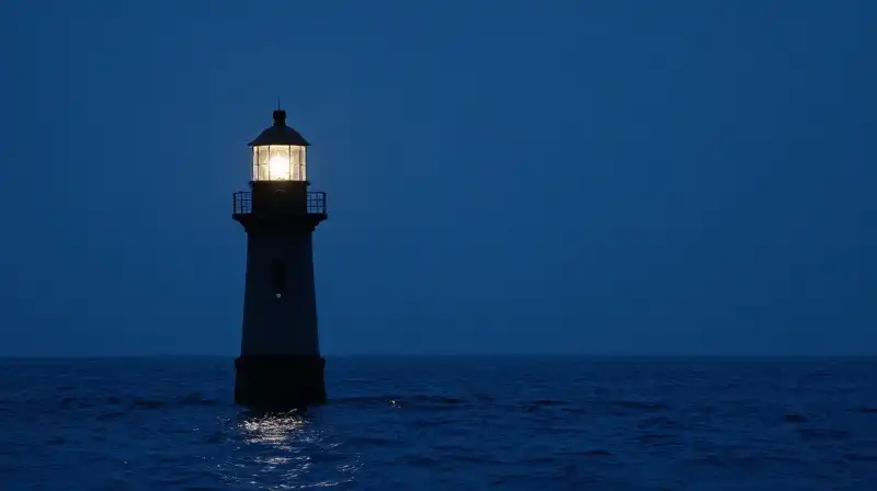 A glowing geometric lighthouse stands over calm blue waves