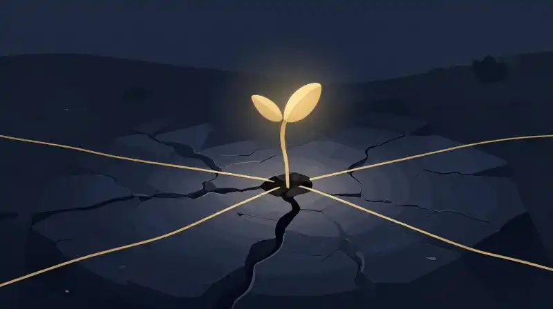 A glowing seed sprouts through cracked stone amid golden threads