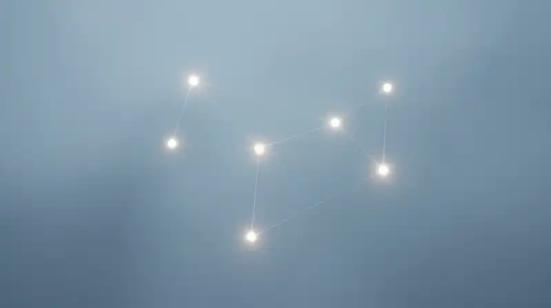 Glowing blue nodes form a delicate geometric constellation in mist
