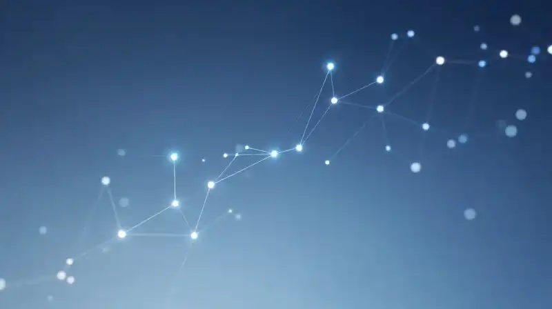 Glowing points and light paths drift across a blue background
