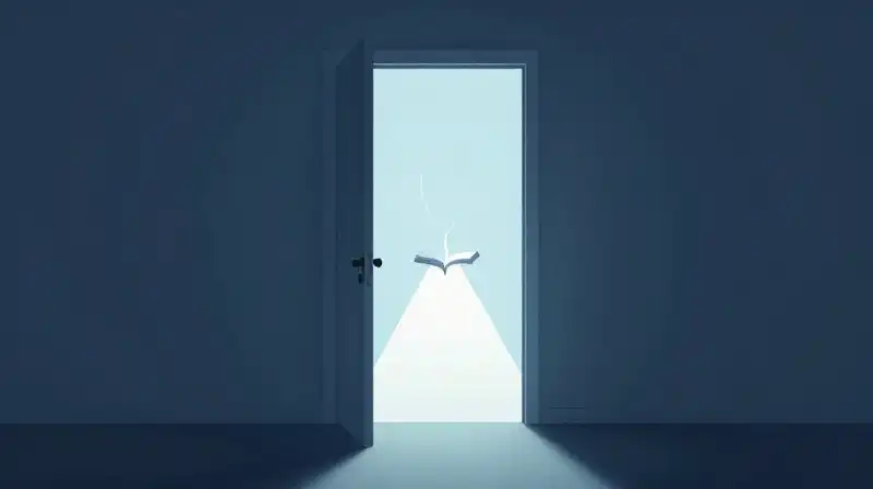 A silhouette of an open door reveals a glowing pathway