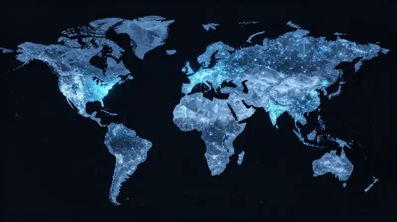 A glowing blue map of fragmented light floats in darkness
