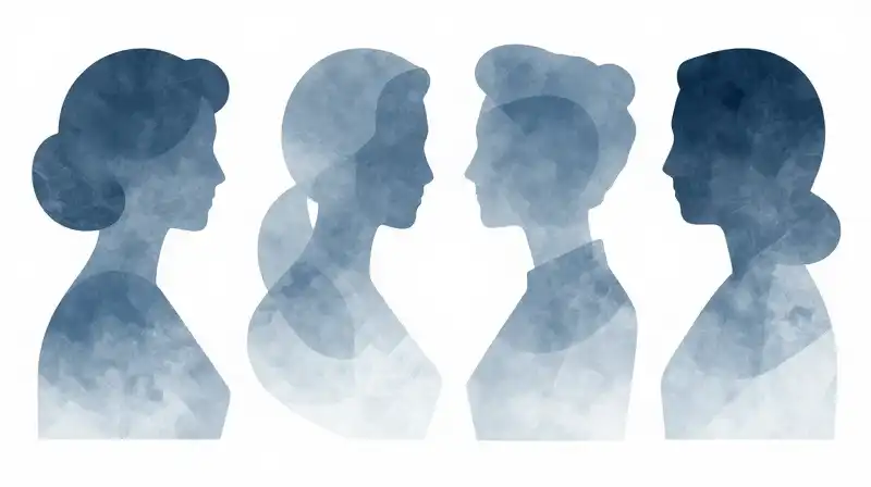 Four geometric silhouettes overlap in a calm, blue atmosphere
