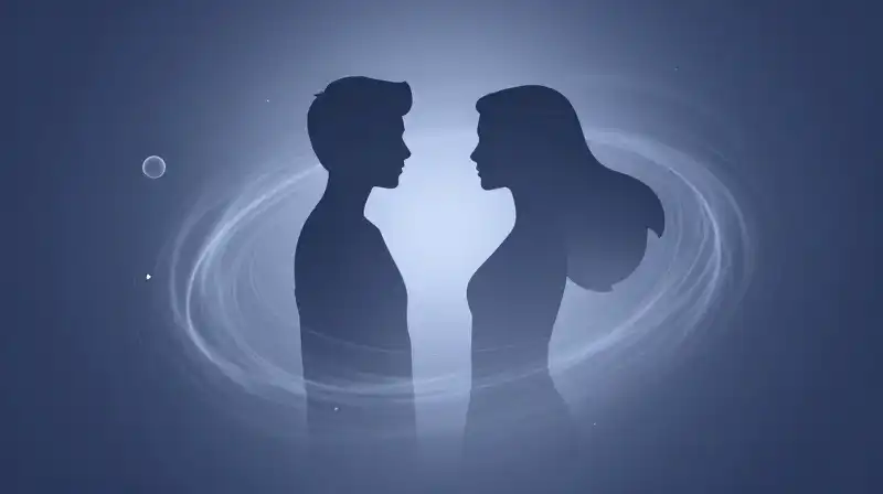 Two interconnected silhouettes swirl amidst misty indigo geometric particles