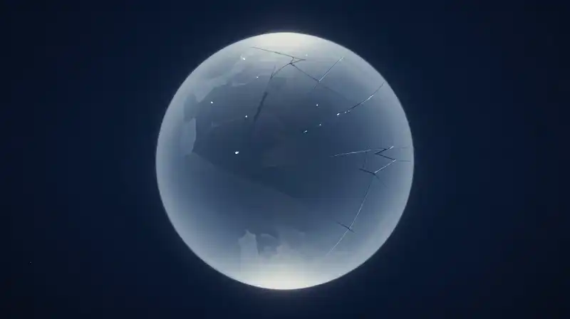 A silhouette inspects cracks in a floating, translucent geometric sphere