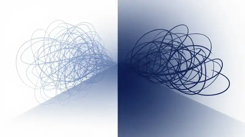 Two diverging paths split between luminous structure and tangled shadows