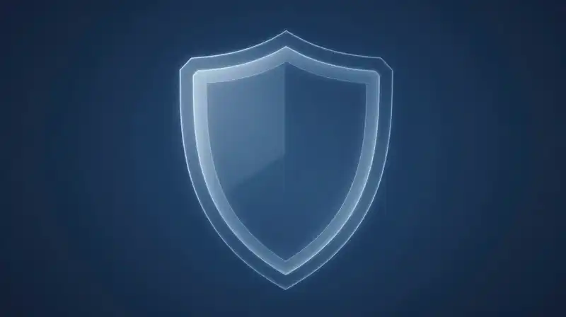 A glowing, translucent geometric shield floats in deep blue