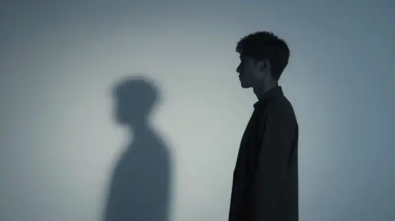 Two glowing silhouettes stand apart in a calm blue void
