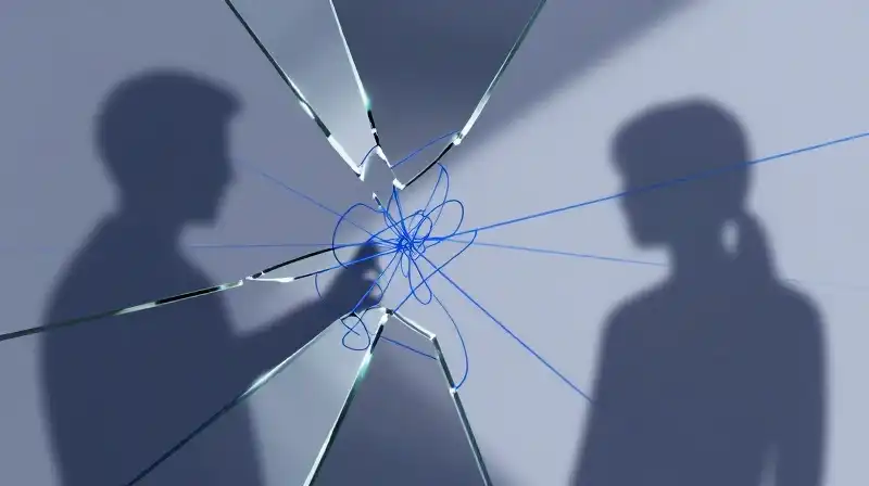 Distorted silhouettes connect through blue threads amidst fractured glass