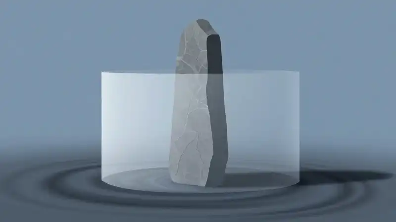A gray stone monolith stands behind a translucent light barrier