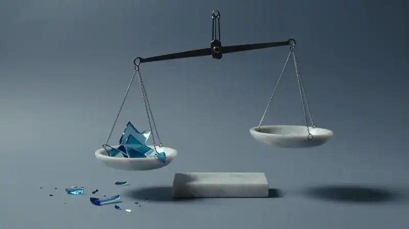 Uneven marble scales loom over fractured blue glass shards